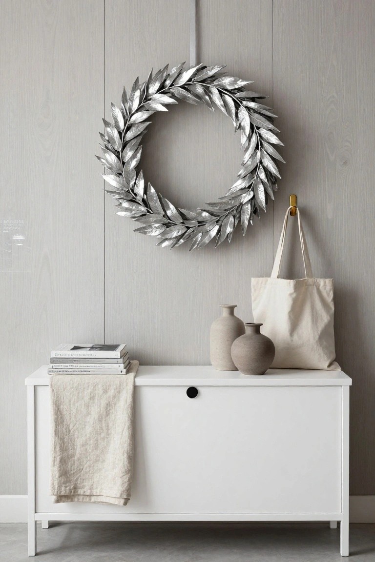 Silver laurel leaf wreath hanging on a hook above a white bench with stacked magazines, two ceramic vases, a linen towel, and a white canvas tote bag against a gray wood-paneled wall.