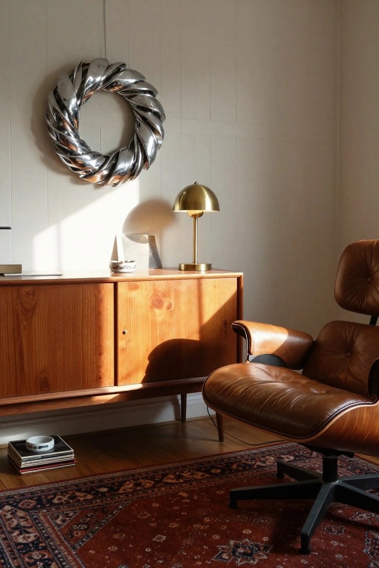 A silver metallic wreath made of twisted spoons hangs on a white vertical paneled wall above a wooden credenza with a gold lamp and ashtray, next to a brown leather Eames chair on a red Persian rug in a sunlit room.