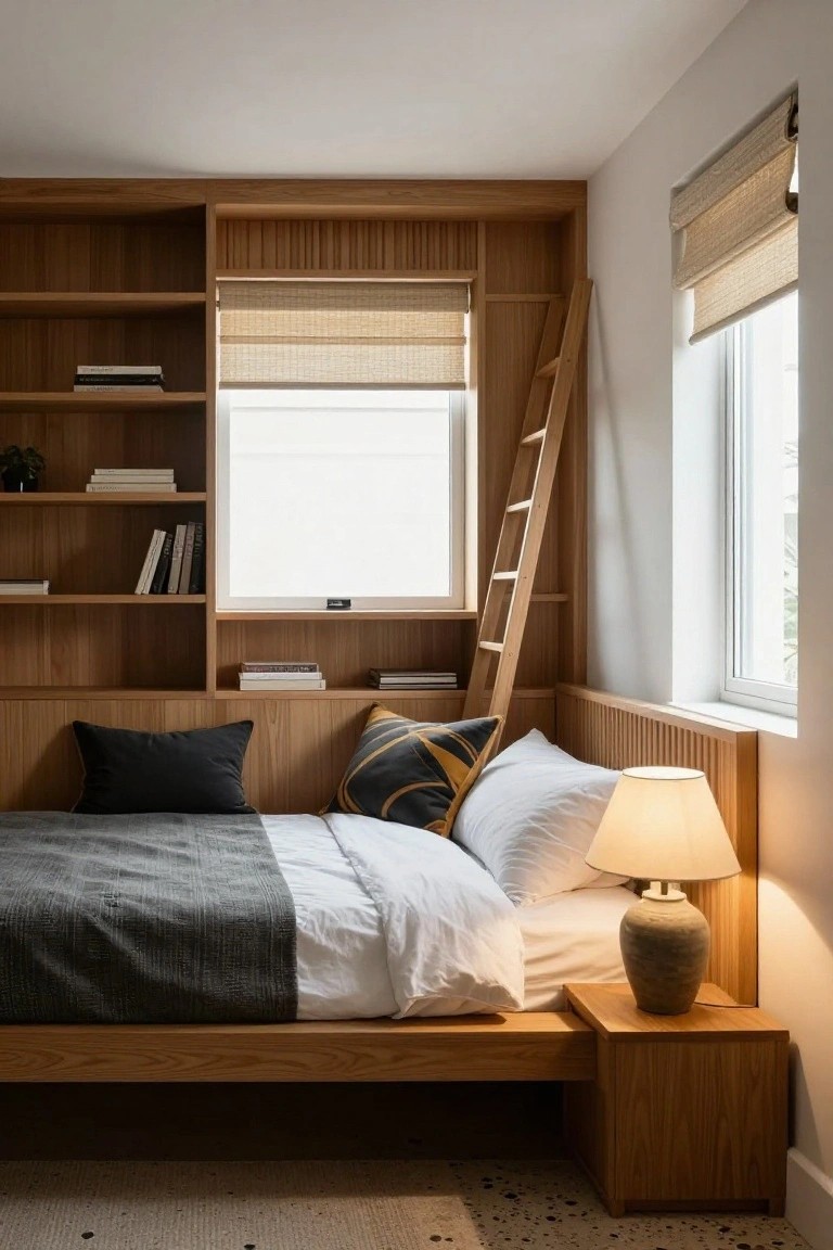A bedroom with oak wood built-in shelving wrapping around the walls, a wooden ladder for high shelf access, low platform bed with gray duvet and pillows, nightstand with lamp, and bamboo blinds on two windows.