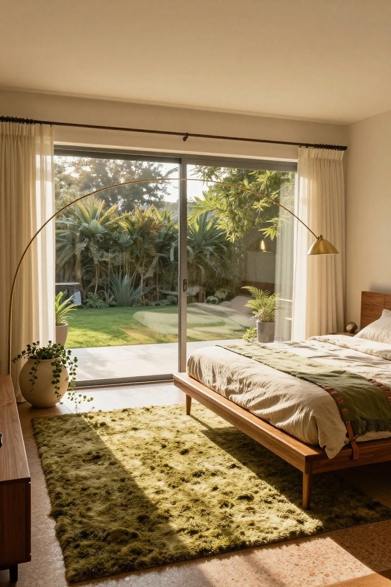 A sunlit mid-century modern bedroom with a low wooden platform bed on a green shag rug, potted plants, an arched gold floor lamp, and floor-to-ceiling sliding glass doors open to a lush garden with palms and grass.