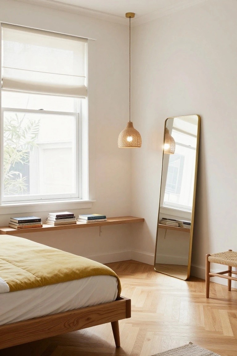 Bedroom corner with white walls, open window with sheer blind and plants outside, wooden floating shelf holding stacked books, tall thin gold-framed mirror, rattan pendant light, oak bed frame with white sheets and yellow throw, rattan stool, and herringbone oak floor.