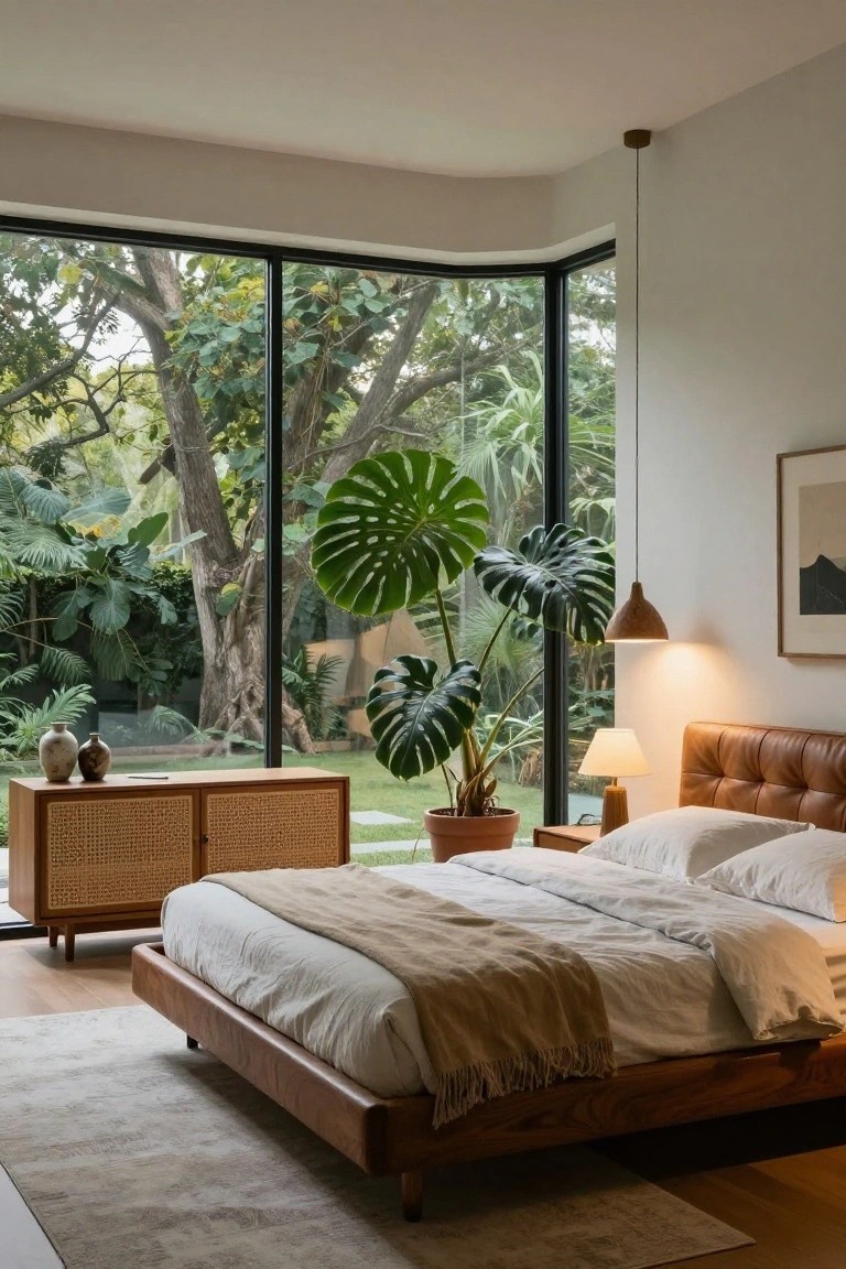A bedroom featuring a low wooden platform bed with tan leather headboard and white linens draped with a tan throw, flanked by wooden nightstands and lamps, a rattan dresser, potted monstera plant, and large corner floor-to-ceiling black-framed windows overlooking a tropical garden with trees and palms.