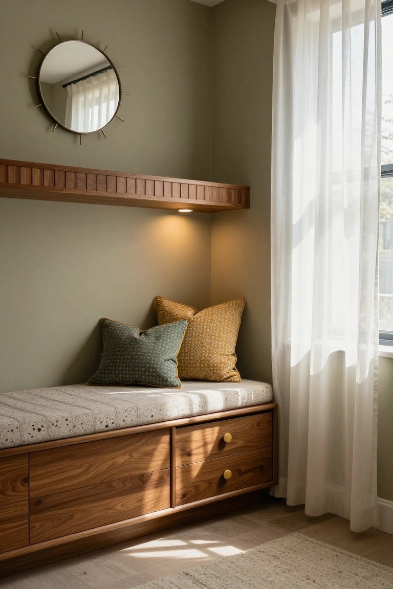 Sunlit wooden window seat with two patterned pillows and floating shelf.
