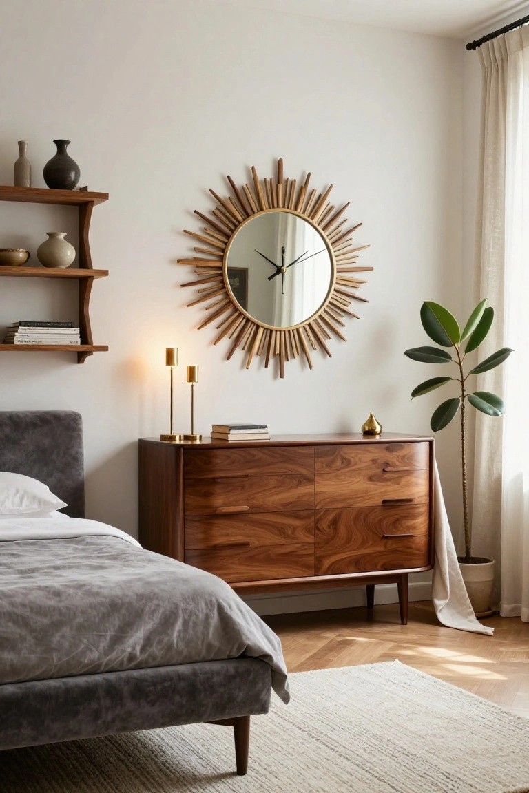 Bedroom interior with gray velvet bed, curved wooden dresser topped with gold candlesticks and books, large sunburst mirror clock on white wall, wooden floating shelves holding vases and ceramics, tall potted plant, sheer curtains, and light wood floor with white rug.