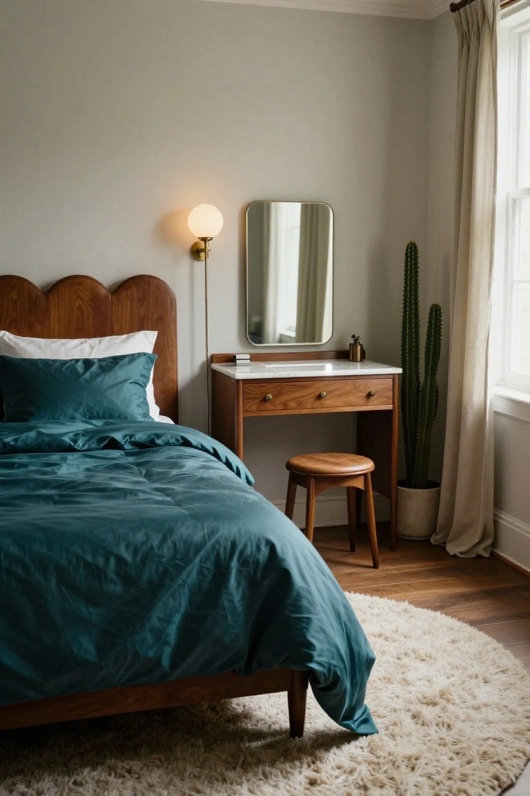 Bedroom with wooden bed featuring scalloped curved headboard, teal satin bedding, matching wooden vanity with round mirror, wall lamp, potted cactus plant, wooden stool, white round rug, and hardwood floors.