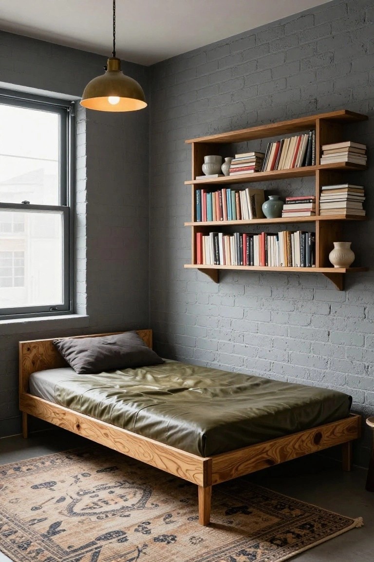 A small bedroom with gray exposed brick walls, wooden wall-mounted open shelves holding books and ceramics, a low wooden bed frame with olive green bedding, a brass pendant light hanging from the ceiling, a window, and a patterned rug on the floor.