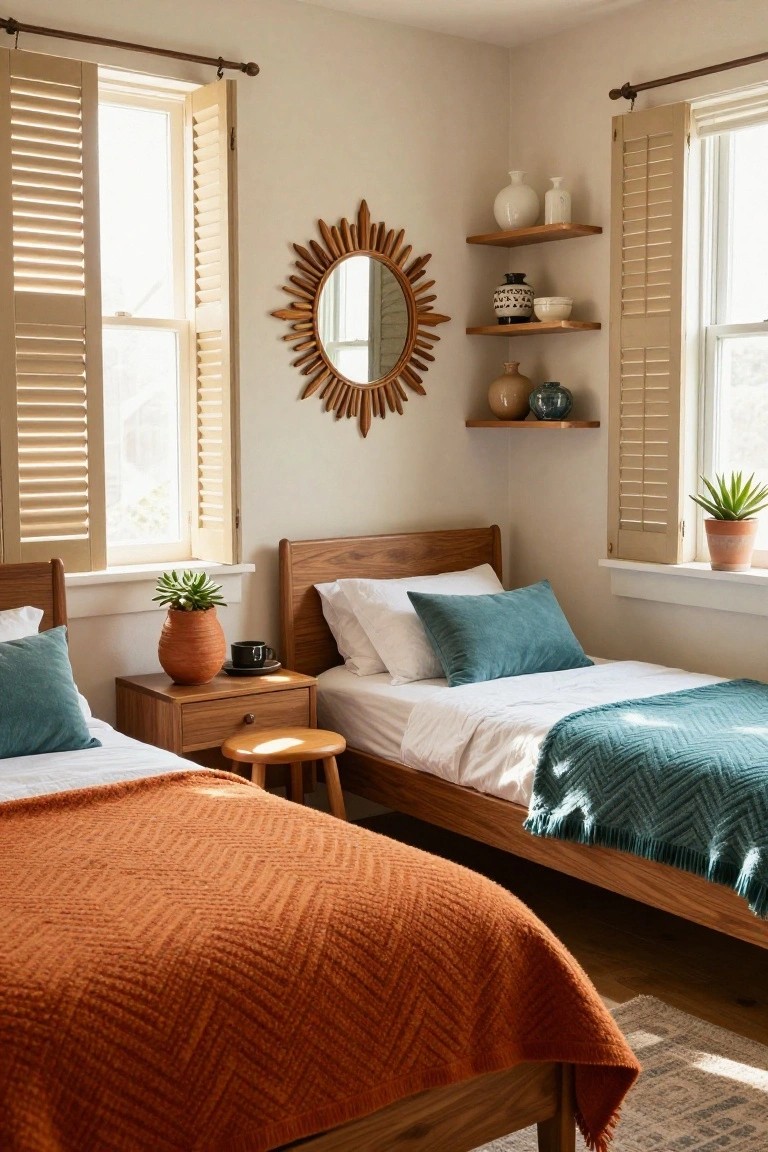 Cozy bedroom with two wooden beds, teal and orange bedding, and sunburst mirror.