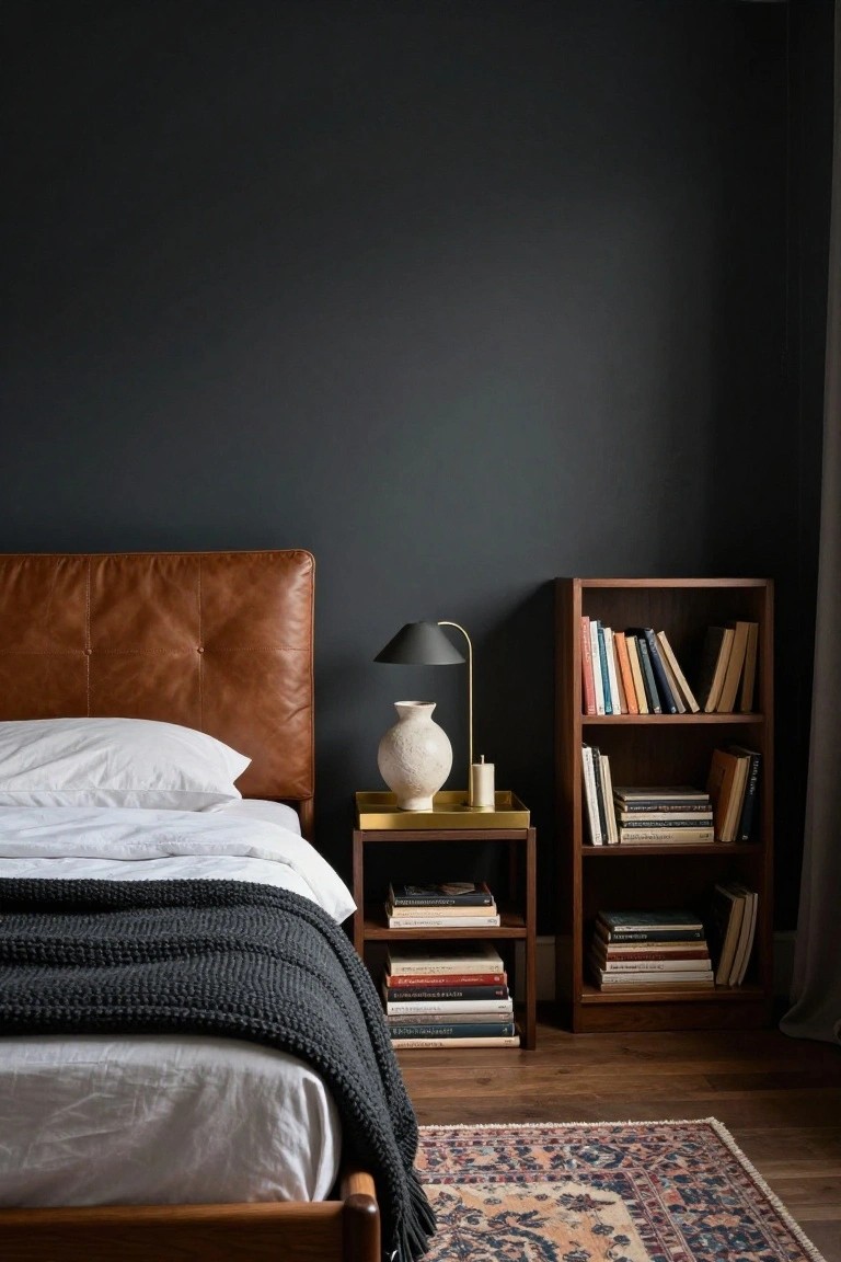 Bedroom interior with tan leather tufted headboard on wooden bed frame, white sheets and gray knit throw, brass nightstand holding white vase and candle beside wooden bookshelf filled with books, dark charcoal walls, patterned rug on wood floor.