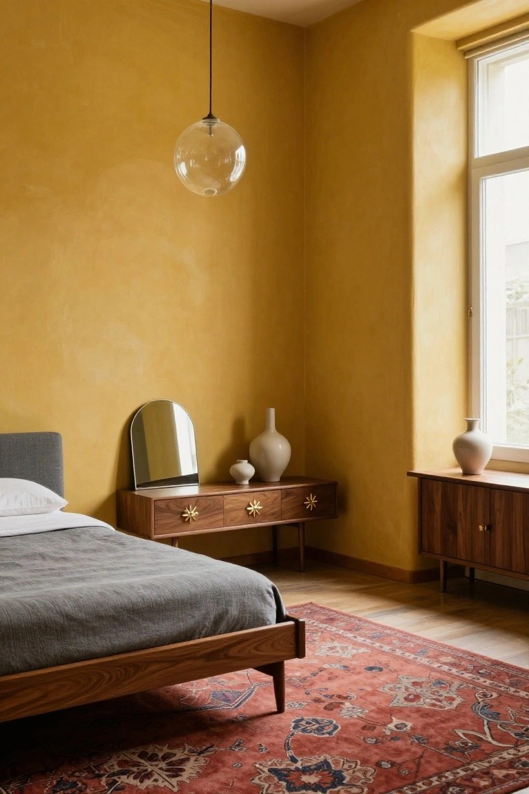 Corner of a bedroom with textured mustard yellow walls, wooden mid-century bed frame and nightstand with brass star pulls, arched mirror, white ceramic vases, red patterned rug, and a large window sill with cabinets.