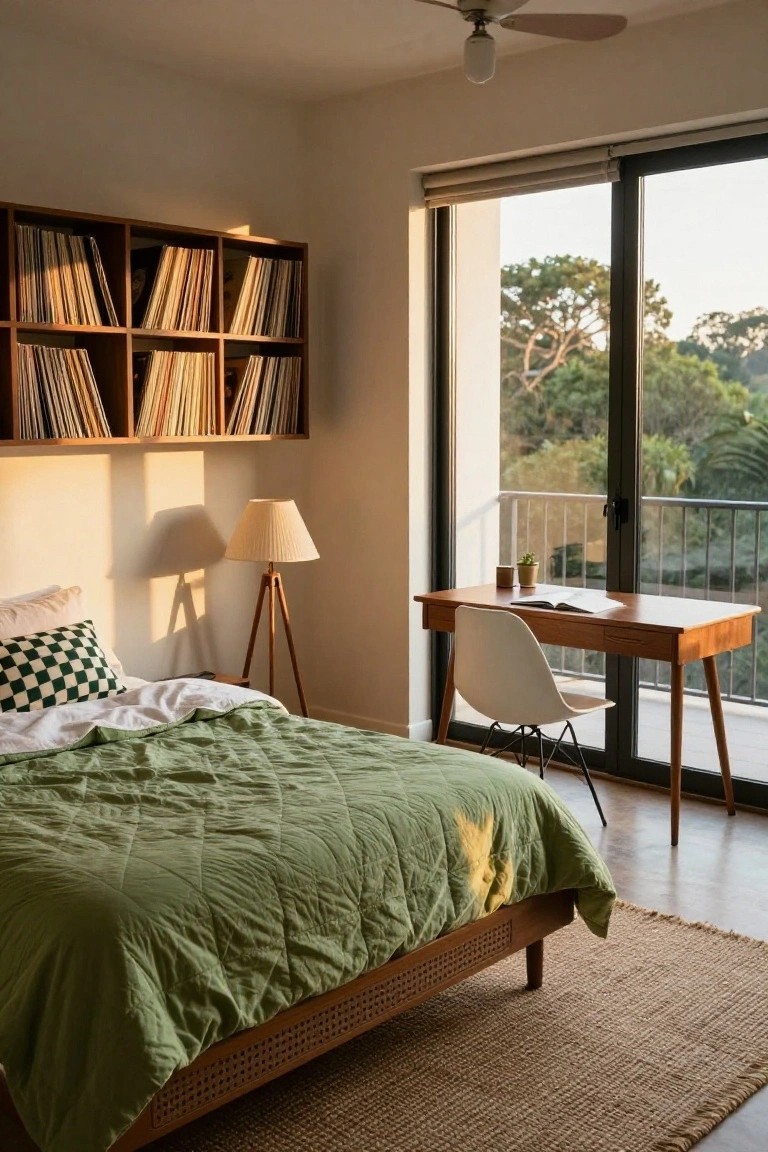 A bedroom interior featuring wooden open shelves filled with vinyl records above a bed with green quilt and checkered pillow, a wooden desk with white molded plastic chair, tripod floor lamp, and sliding glass doors to a balcony with trees outside.
