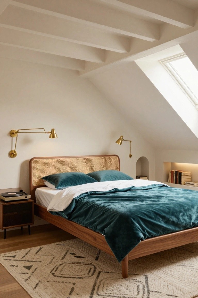 Bedroom with wooden platform bed featuring rattan headboard, teal velvet duvet and pillows, brass adjustable wall sconces, nightstand with turntable, books on niche shelf, sloped white ceiling with skylight, and patterned rug on wood floor.