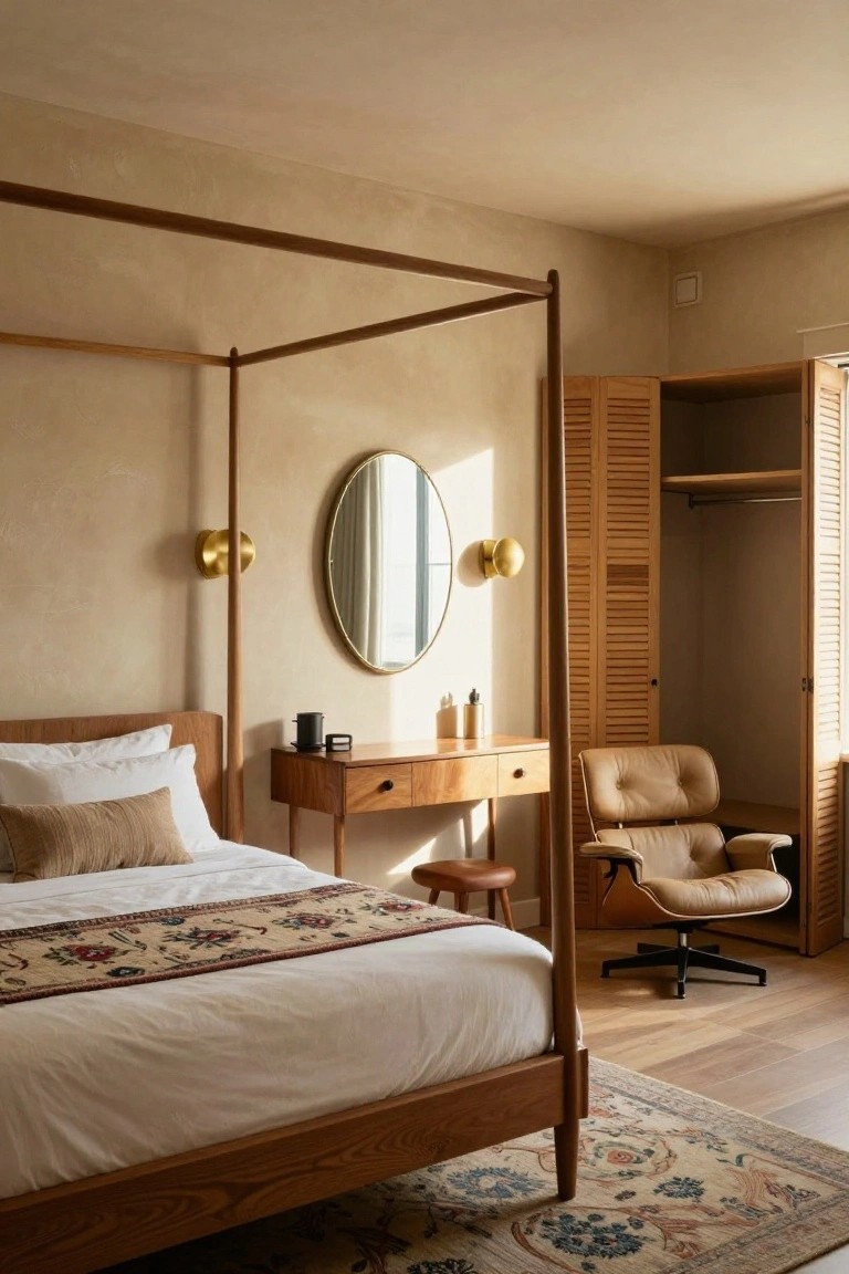 A bedroom with light wooden canopy bed frame, white bedding with patterned throw, wooden dresser and stool, gold sconces beside oval mirror, open louvered wooden wardrobe, tan Eames lounge chair, and patterned rug on wood floors against beige walls.
