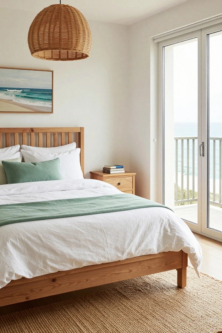 Bright bedroom with low oak bed frame and slatted headboard, white linens with green throw and pillows, wooden nightstand with books, rattan pendant lamp overhead, beach landscape painting on wall, and sliding glass doors to balcony overlooking ocean.