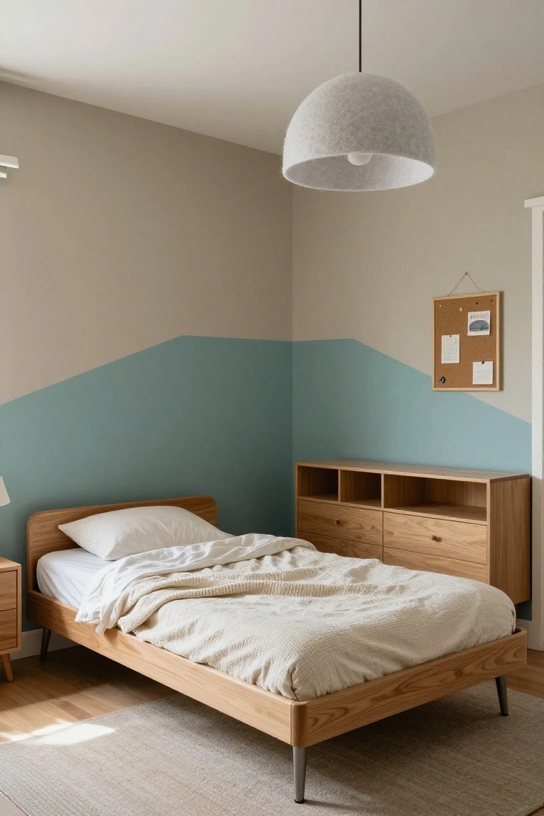 Bedroom corner with angled teal-painted walls meeting beige walls, oak mid-century style bed with white bedding and splayed legs, matching nightstand and low dresser, felt pendant light overhead, corkboard on wall.