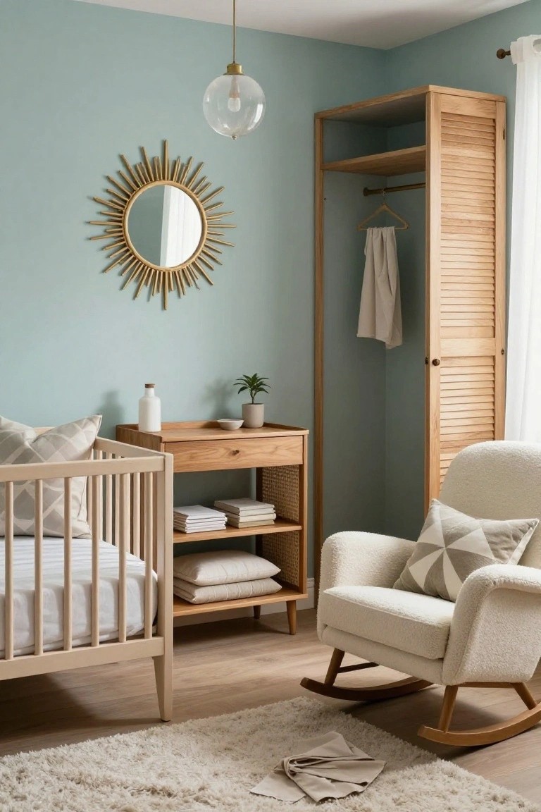Nursery room with light teal walls, white crib next to wooden changing table with open shelves, tall slatted wooden wardrobe, cream bouclé rocking chair, and gold sunburst mirror.
