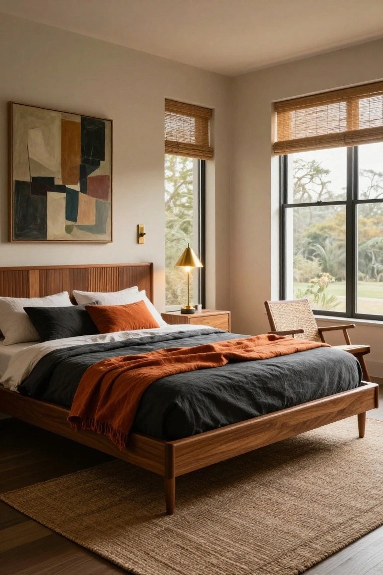 A bedroom interior with a wooden platform bed featuring a slatted headboard, neutral gray and white linens with an orange throw, pillows, a nightstand with brass lamp, rattan chair, abstract painting on wall, bamboo shades on windows overlooking tropical landscape, and seagrass rug on wood floor.