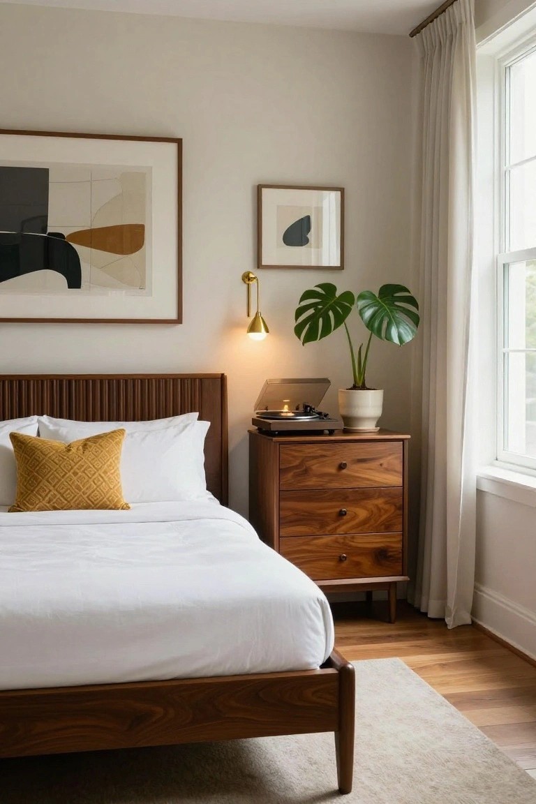 Bedroom corner with low wooden platform bed featuring vertical slat headboard, white bedding with yellow accent pillow, wooden low dresser topped with record player and potted monstera plant, two abstract framed artworks on wall, brass wall lamp, sheer curtains at window, wood floor.