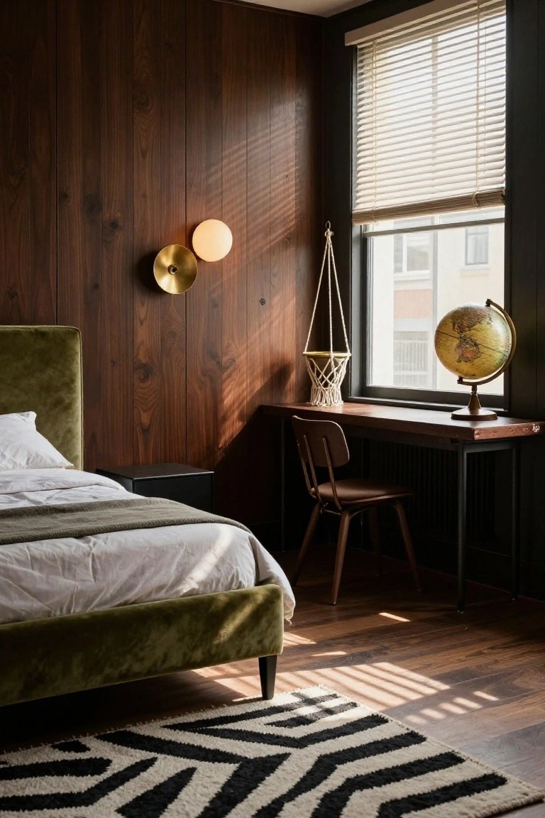 Bedroom interior with dark wood paneled walls, green velvet upholstered bed with white sheets, wooden desk and chair, brass wall sconces, hanging plant basket, globe on shelf, and window with blinds overlooking brick buildings.