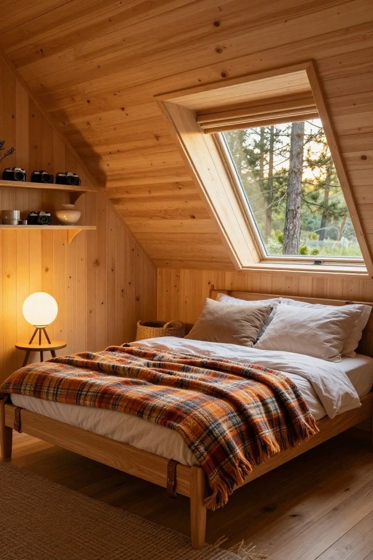 Cozy bedroom with light wood paneling on walls and sloped ceiling, wooden bed draped in orange plaid blanket and white sheets, white globe lamp on tripod stand beside woven basket, skylight overlooking pine trees and landscape, wooden floor with jute rug.