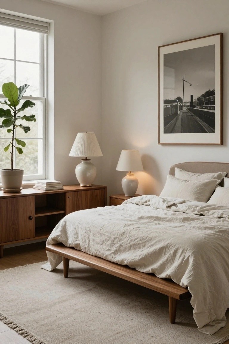 Bedroom corner with a low wooden platform bed draped in beige linen sheets and pillows, a wooden credenza nightstand holding two ceramic lamps and stacked books, a potted fiddle leaf fig plant near a window with roller shade, and a large black-and-white framed photo of a train station on the wall.