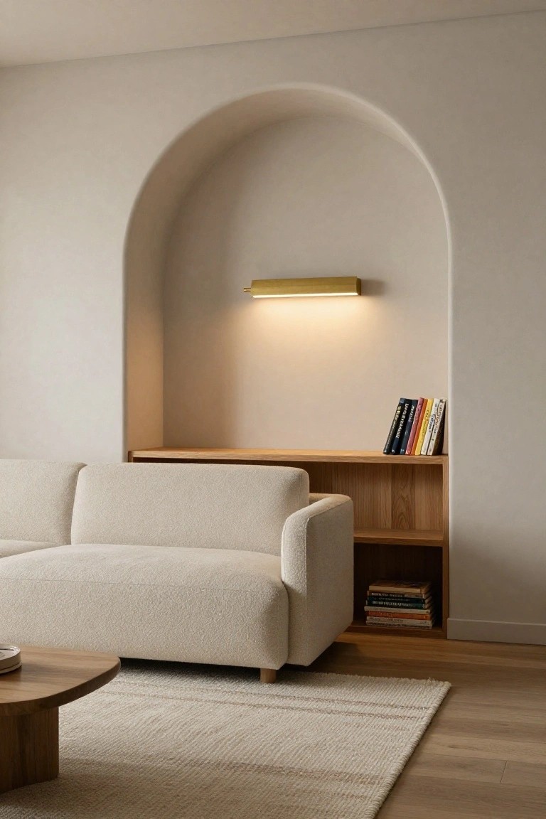 A minimalist living room with a cream bouclé sofa next to a beige arched wall niche containing wooden shelves with books, lit by a horizontal gold sconce above, plus an oak coffee table on light wood floors and a beige rug.