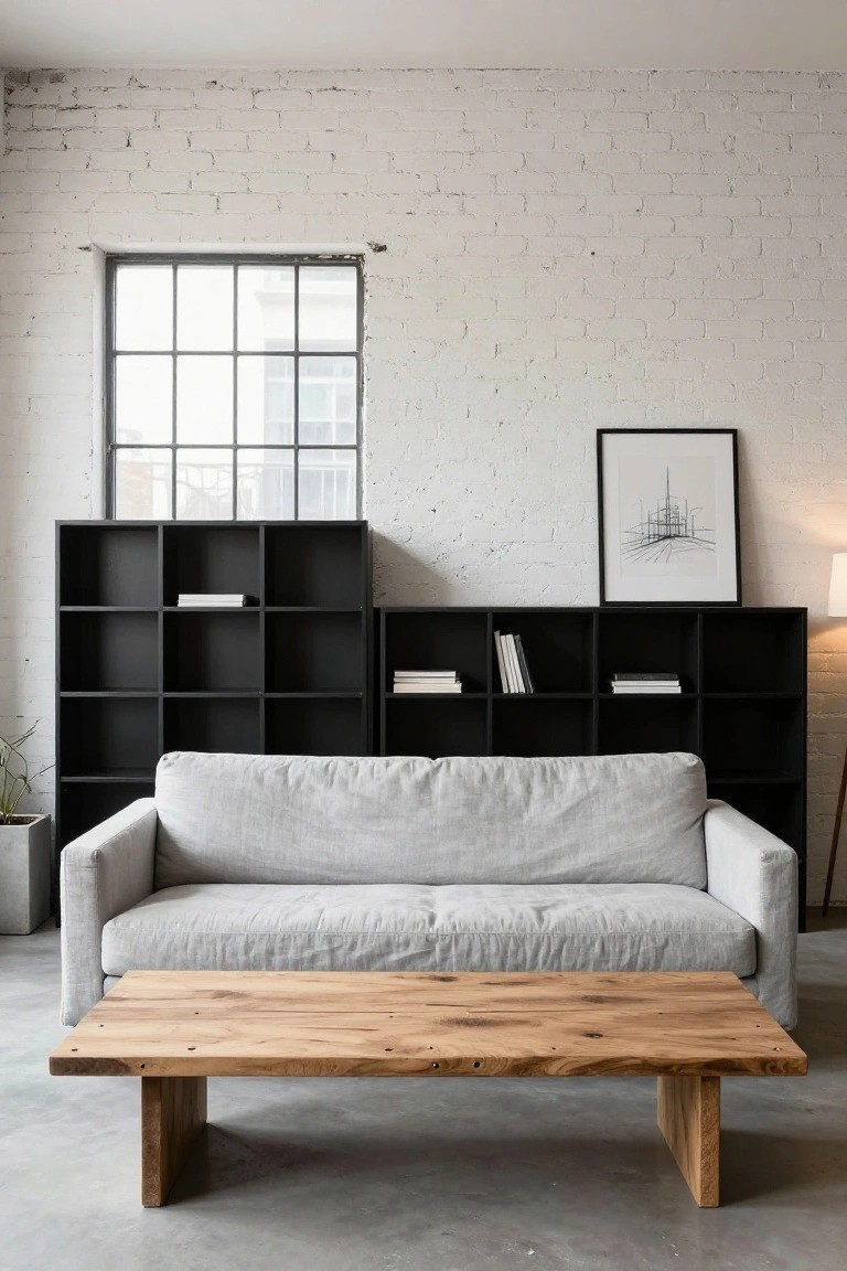 Black Shelving on Exposed Brick