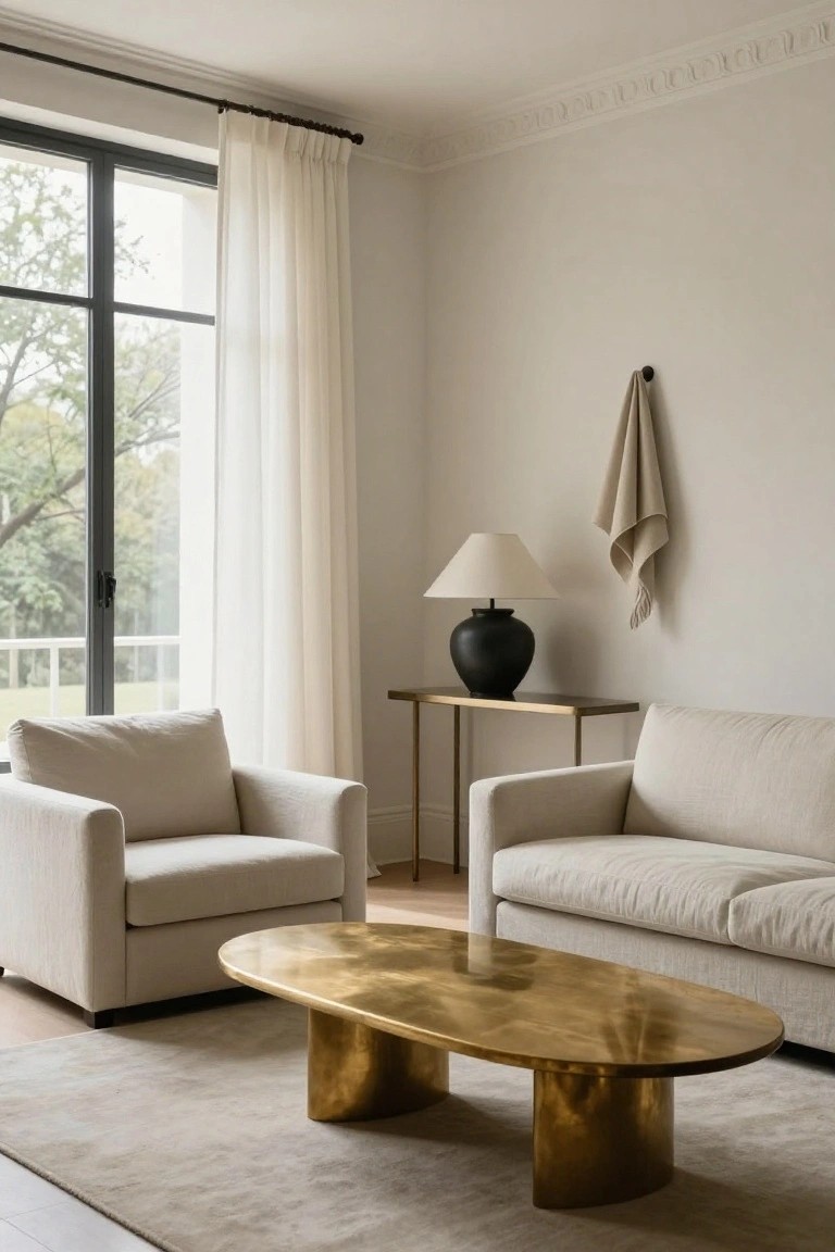 Minimalist living room corner with cream linen sofa and armchair around a large oval brass coffee table on a light rug, black ceramic lamp on gold console table, sheer curtains on black-framed windows overlooking trees, and beige linen towel draped on wall hook.