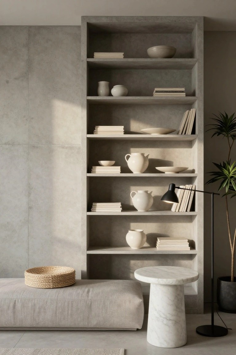Tall open concrete shelving unit against a concrete wall, displaying white ceramic vases, bowls, jugs, plates, and books, with a low beige bench, woven basket, white marble pedestal table, black floor lamp, potted plant, and areca palm nearby in a minimalist room.