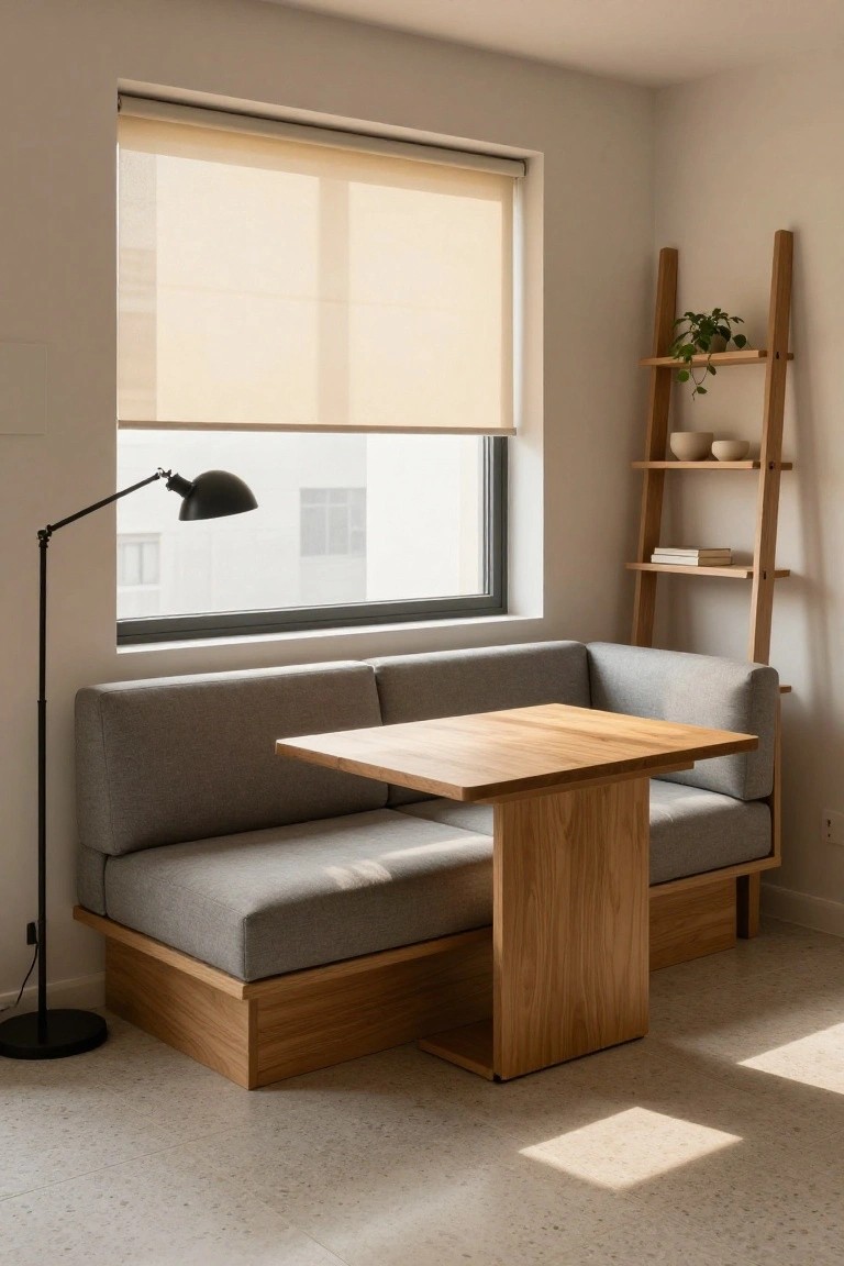 Minimalist living room corner with gray fabric bench on wooden base, adjacent square wooden table, black arc lamp, wooden ladder shelf holding plants and ceramics, large window with beige roller shade.