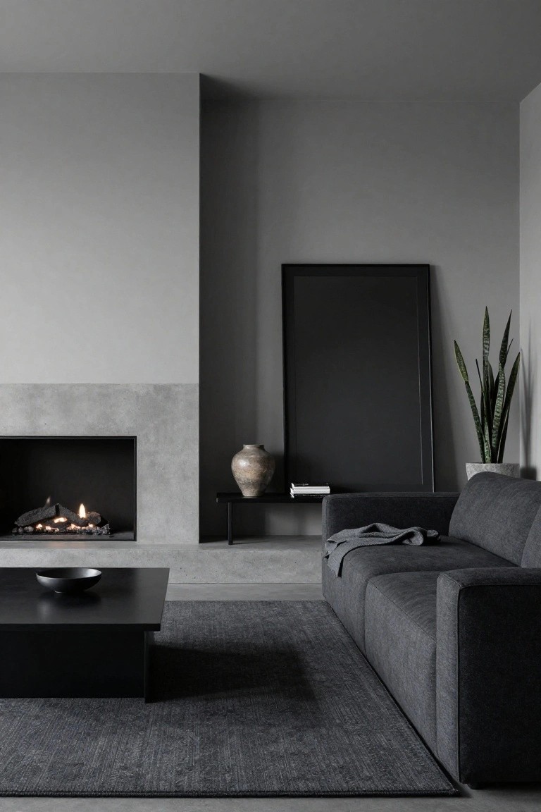 Minimalist living room with gray concrete fireplace wall and burning gas logs, dark gray sofa, black coffee table with black bowl, side table with terracotta vase, large black-framed mirror, and potted snake plant against light gray walls and dark rug.