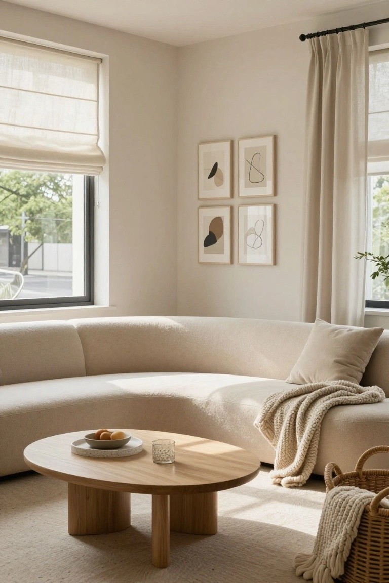 Minimalist living room corner with curved light beige boucle sofa, oval wooden coffee table holding a bowl of oranges and glass, four neutral abstract art prints on wall, linen roller blinds on large windows, knit throw and basket on floor.