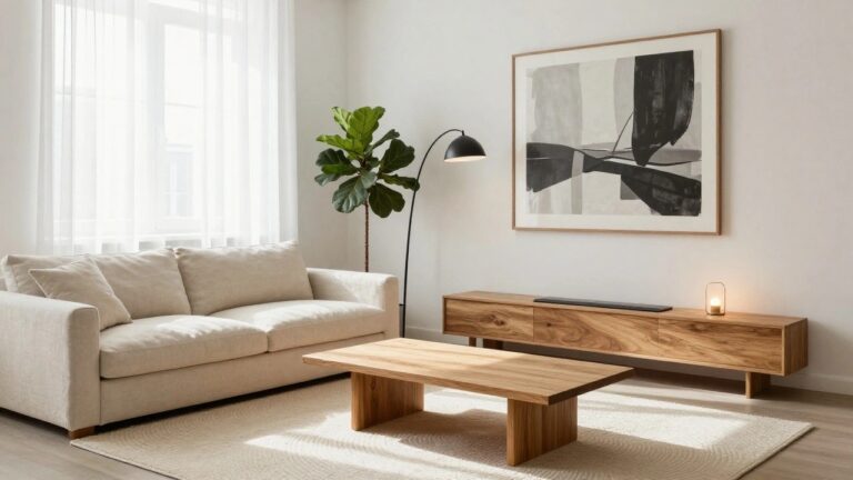Minimalist living room with cream fabric sofa, wooden coffee table topped with books, wooden credenza with books, fiddle leaf fig plant, black arc floor lamp, abstract black and white framed print, sheer curtains on large window, and light rug on pale wood floor.