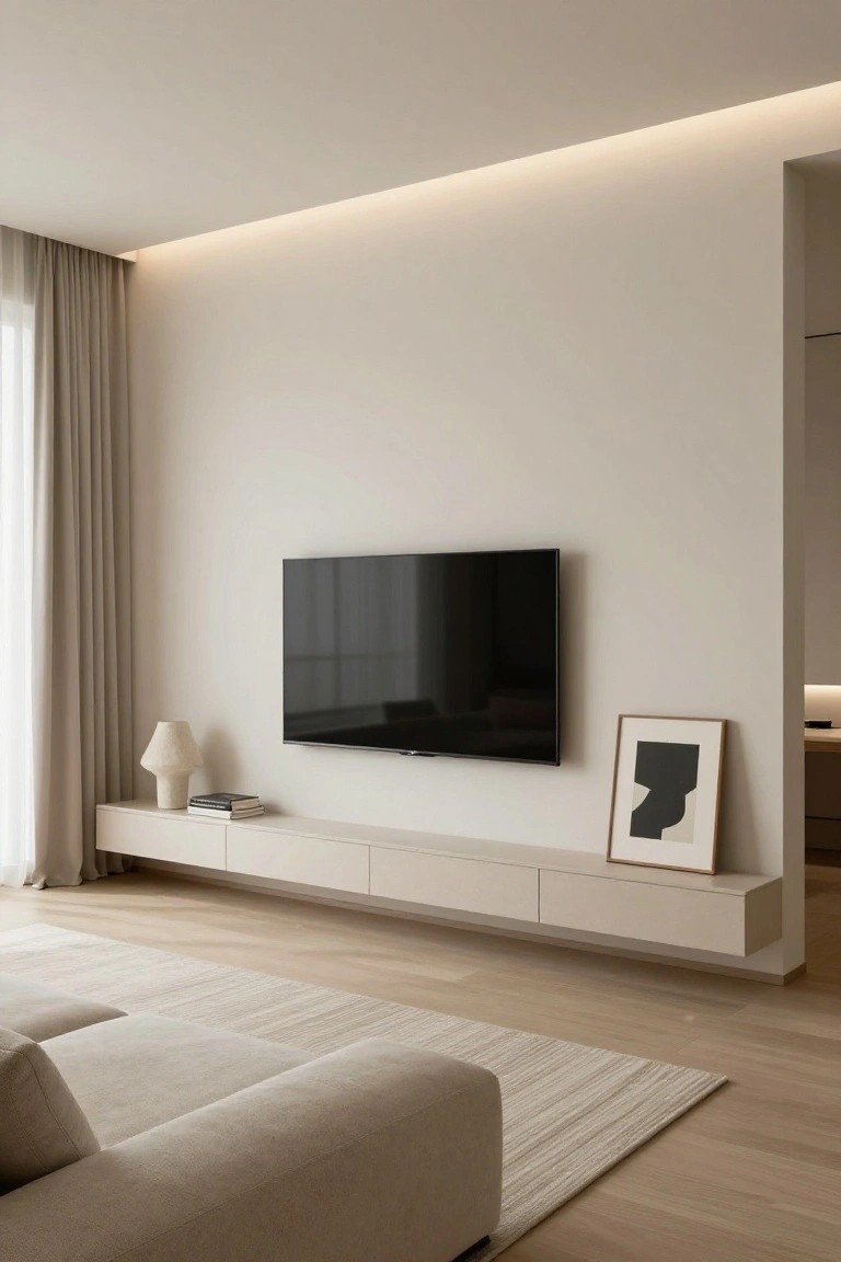 Minimalist living room with black wall-mounted TV above long floating beige credenza holding books and textured lamp, beige sofa on light oak floors with neutral rug, sheer curtains at window, and recessed ceiling lights.