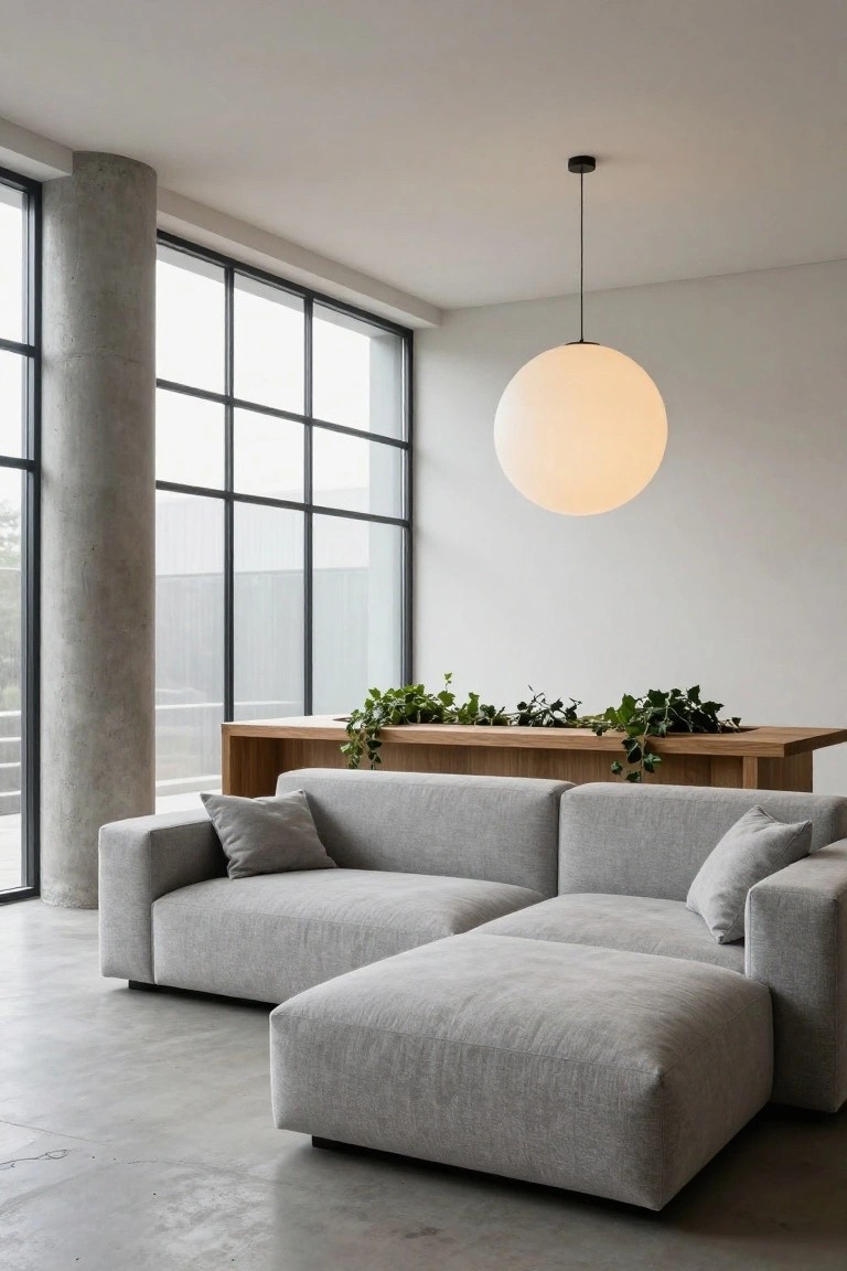 Minimalist living room with gray L-shaped sofa including ottoman, wooden table holding potted green plants, large white orb pendant light hanging above, concrete pillar and floor, and floor-to-ceiling windows.