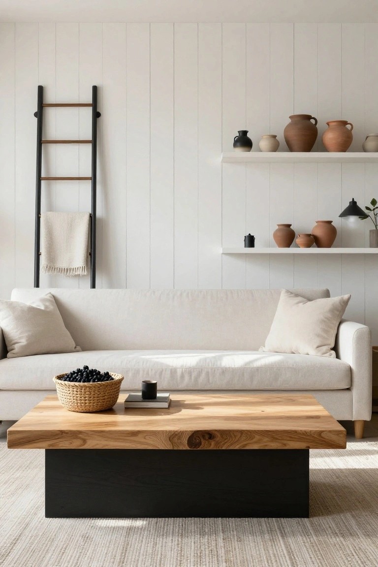 Minimalist living room with white vertical board and batten walls, floating white shelves displaying assorted pottery vases, black metal ladder rack draped with a white blanket, cream fabric sofa with pillows, wicker basket of blueberries on a live-edge wood coffee table with black pedestal base, and neutral woven rug.