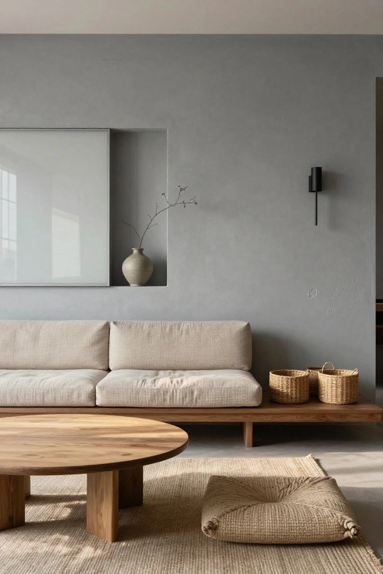 Minimalist living room with light gray textured walls, recessed niche with white panel and ceramic vase, beige linen sofa on wood platform, low round wooden coffee table, seagrass rug, woven floor cushion, and two wicker baskets on wood benches.