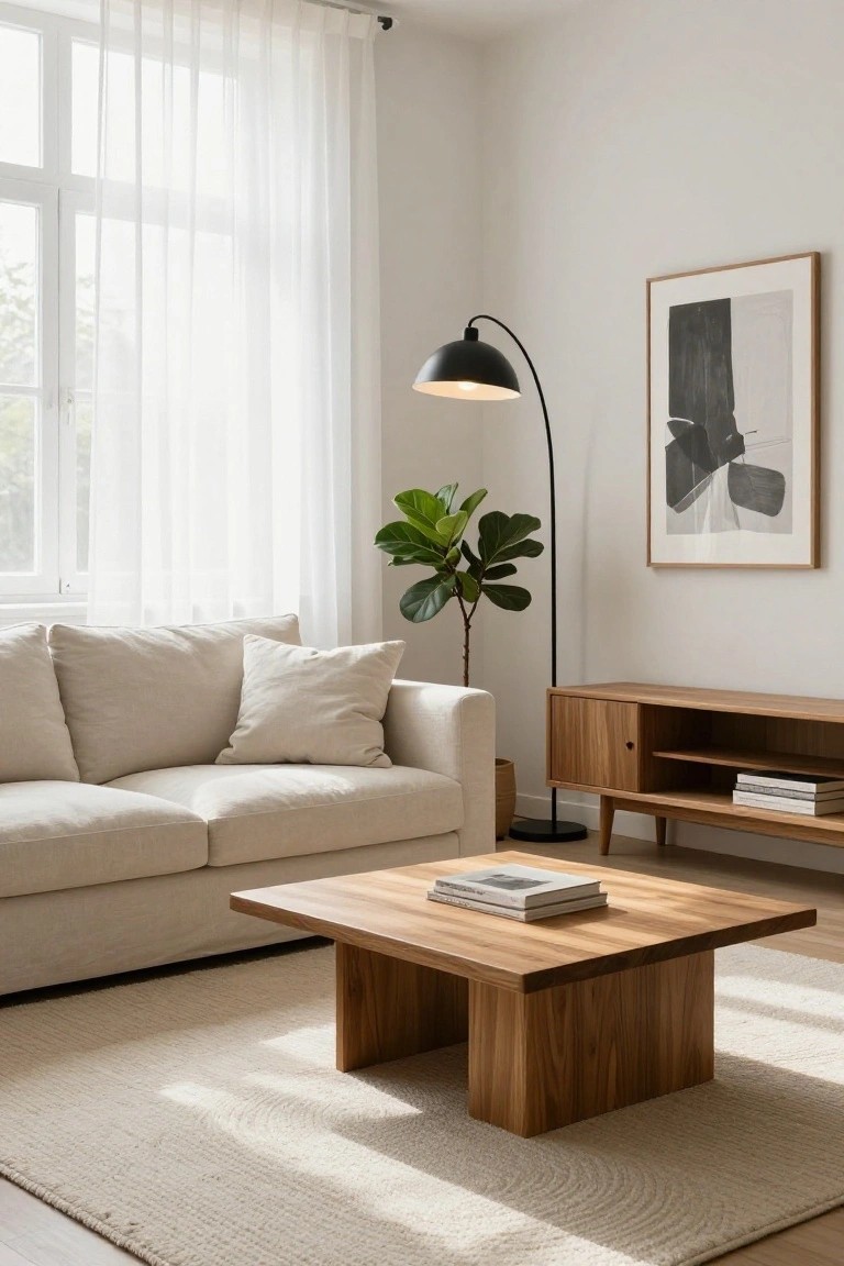Minimalist living room with cream fabric sofa, wooden coffee table topped with books, wooden credenza with books, fiddle leaf fig plant, black arc floor lamp, abstract black and white framed print, sheer curtains on large window, and light rug on pale wood floor.