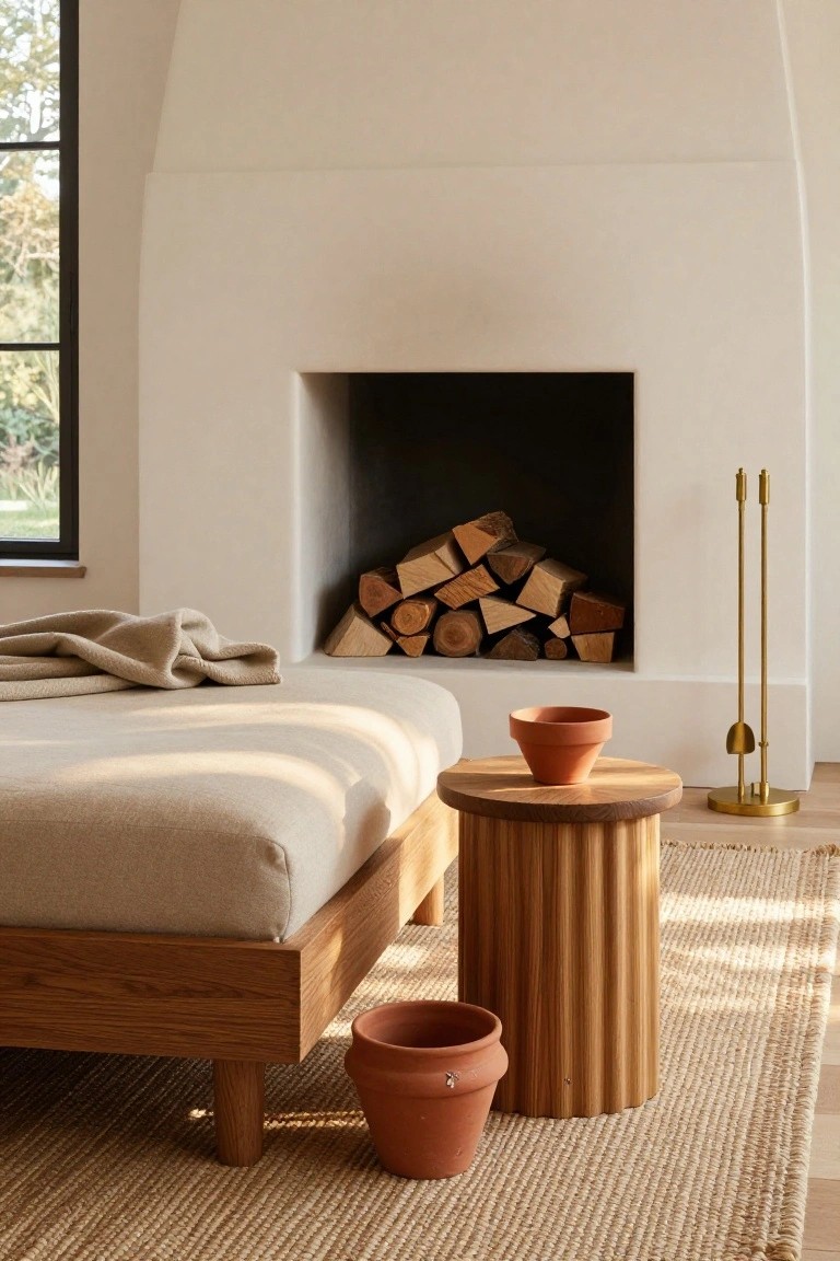 Minimalist indoor scene with a low beige platform bed next to a white stucco fireplace stacked with logs, a fluted oak stool with a terracotta pot on top, another terracotta pot on the floor, seagrass rug, gold fire tools, and a black-framed window showing greenery outside.