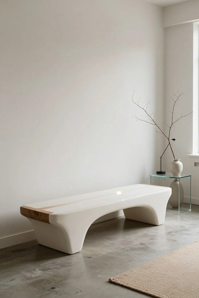 White curved bench with wood accents on polished concrete floor in white-walled room next to glass side table with vase and branch.