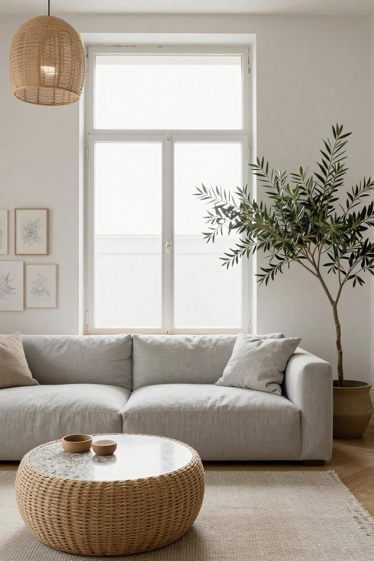 Minimalist living room featuring a gray linen sofa, woven rattan coffee table with marble top and ceramic bowls, tall potted olive tree in terracotta pot, beige rattan pendant lamp, and large white-framed window with sheer curtains.