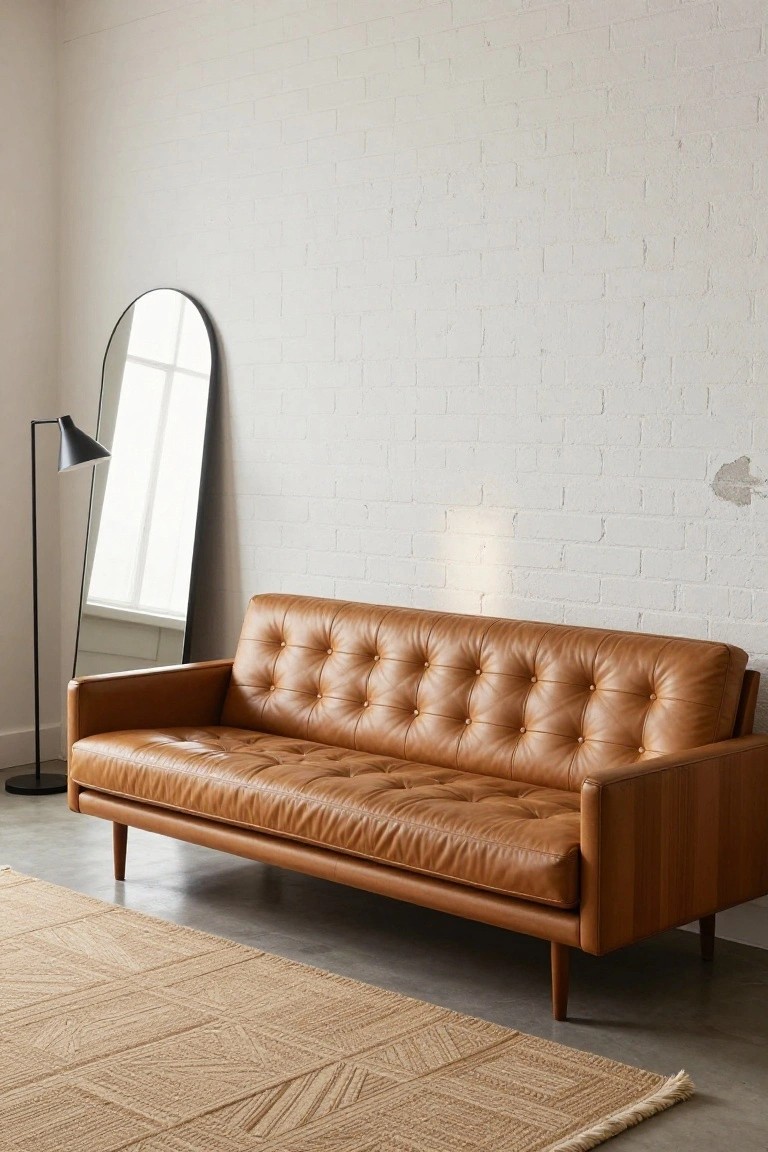 A button-tufted tan leather sofa with wooden legs positioned in a minimalist living room against a white brick wall, next to a tall arched black mirror and black floor lamp on a concrete floor with a beige woven rug.