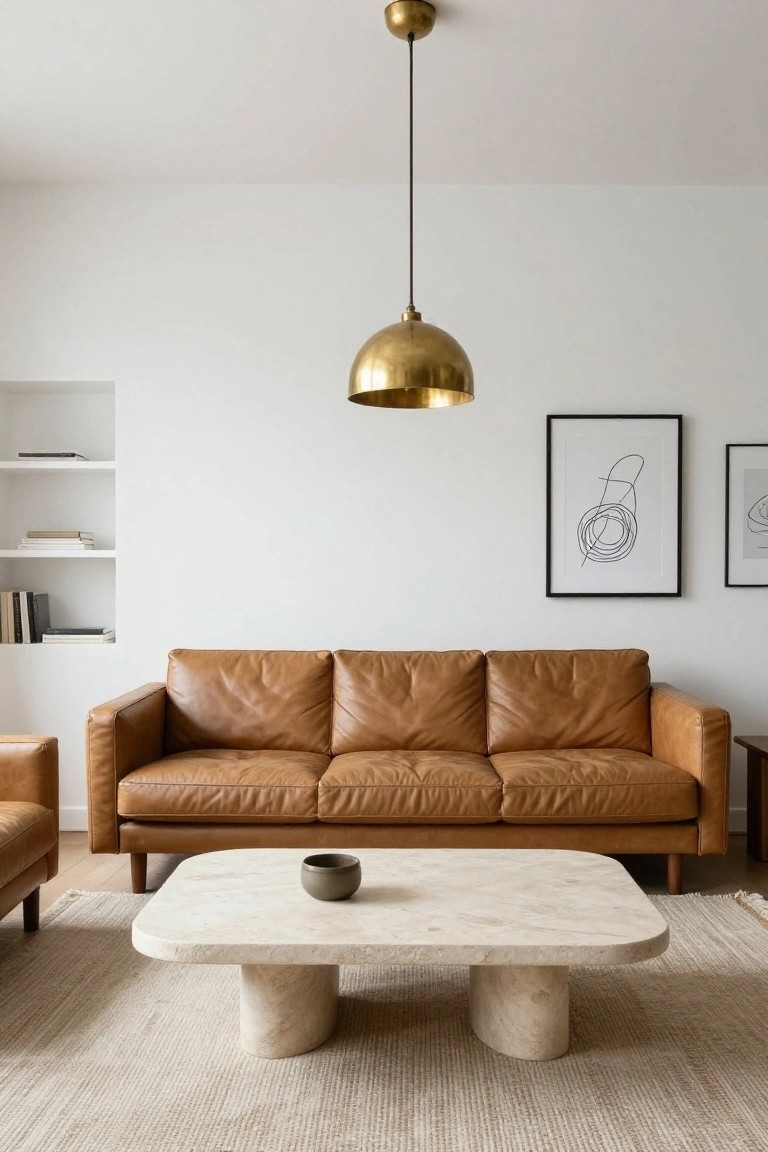 Minimalist living room with two tan leather sofas, one used as an ottoman, facing a square white travertine pedestal coffee table on a neutral rug, under a brass dome pendant light, against white walls with built-in shelves and abstract line art.