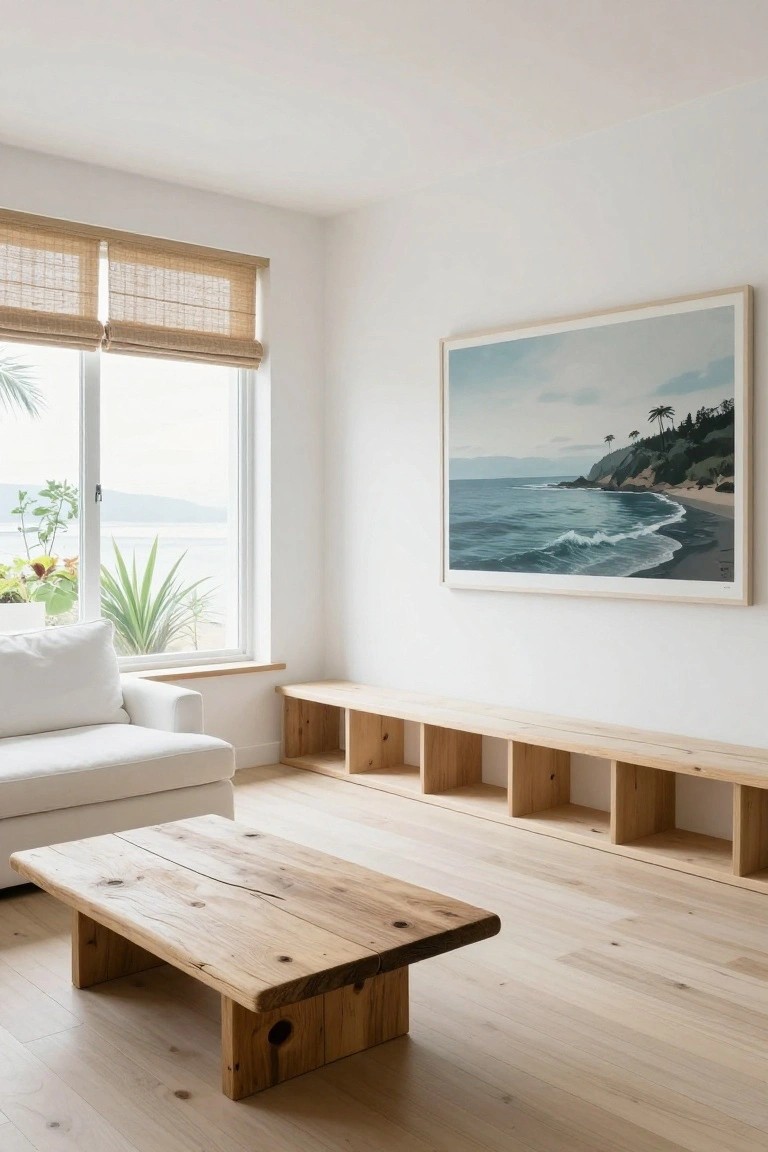 A minimalist living room corner with white sofa, low rectangular wooden coffee table, wooden bench with open cubby shelves along the wall, large framed artwork of ocean and beach, and window with view to plants and water.