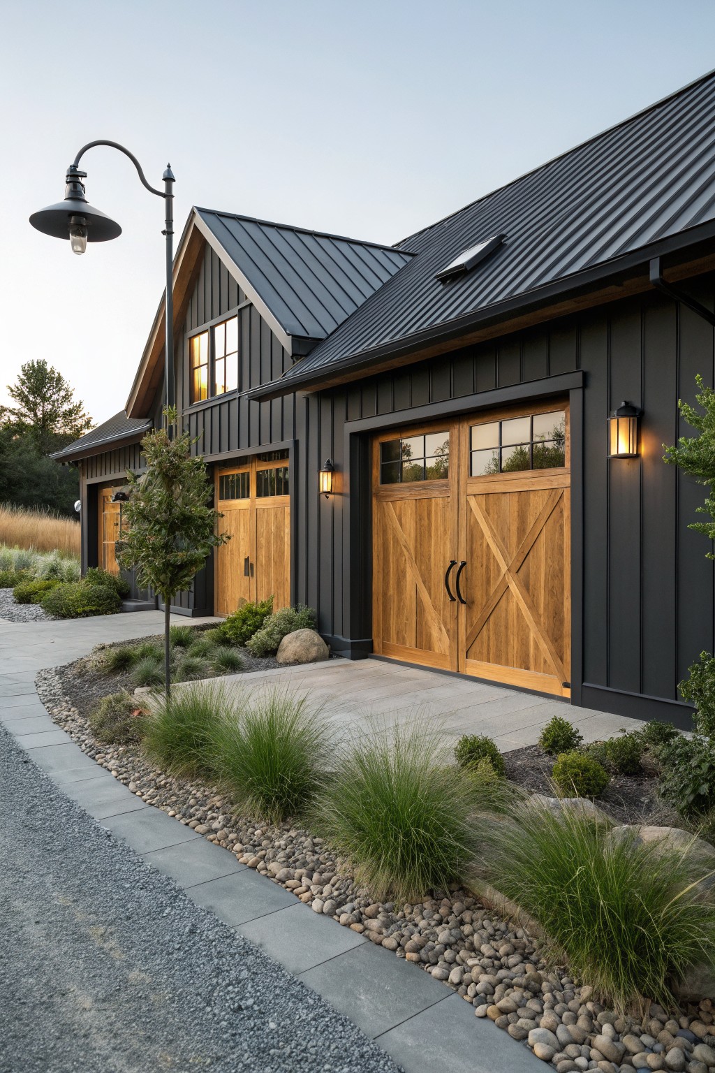 Black metal-sided modern farmhouse garage with wooden double doors and glass panels, flanked by black wall lanterns, a tall post lantern nearby, concrete walkway edged with gravel and grasses.