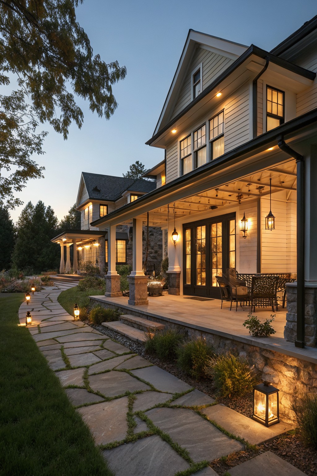 Modern farmhouse house exterior at dusk with a flagstone pathway lined by lit lanterns leading to a porch featuring hanging lights, stone pillars, wicker furniture, and adjacent landscaping.
