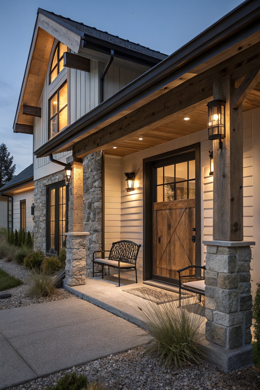 Modern farmhouse house exterior at dusk showing a covered porch with timber posts, hanging lantern lights, wall sconces, wooden X-paneled entry door, stone pillars, bench seating, and gravel path.