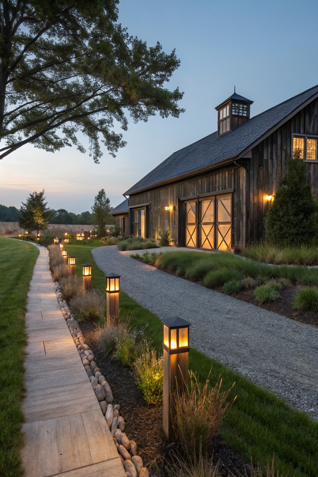 Dusk view of a dark wood barn building with large sliding doors and a cupola, approached by a lit stone path lined with tall wooden post lanterns and bordered by gravel driveway and ornamental grasses.
