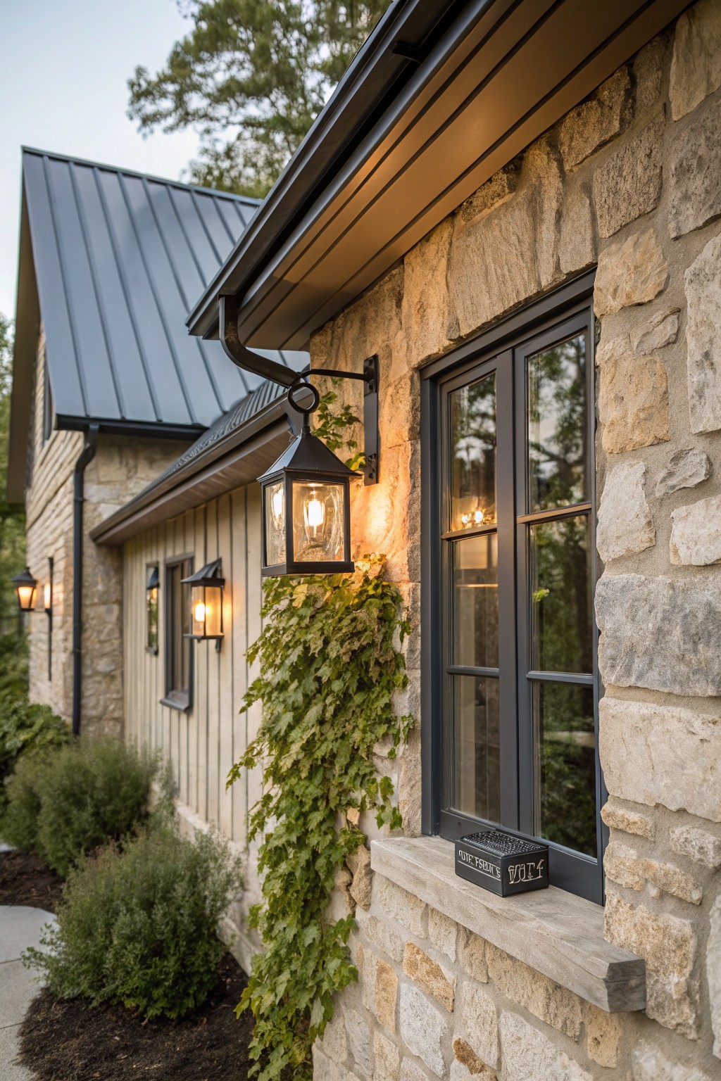 Exterior side wall of a house with light beige stone, wood siding, black-framed windows, climbing ivy, black metal lantern wall lights emitting warm glow, and low bushes in front.