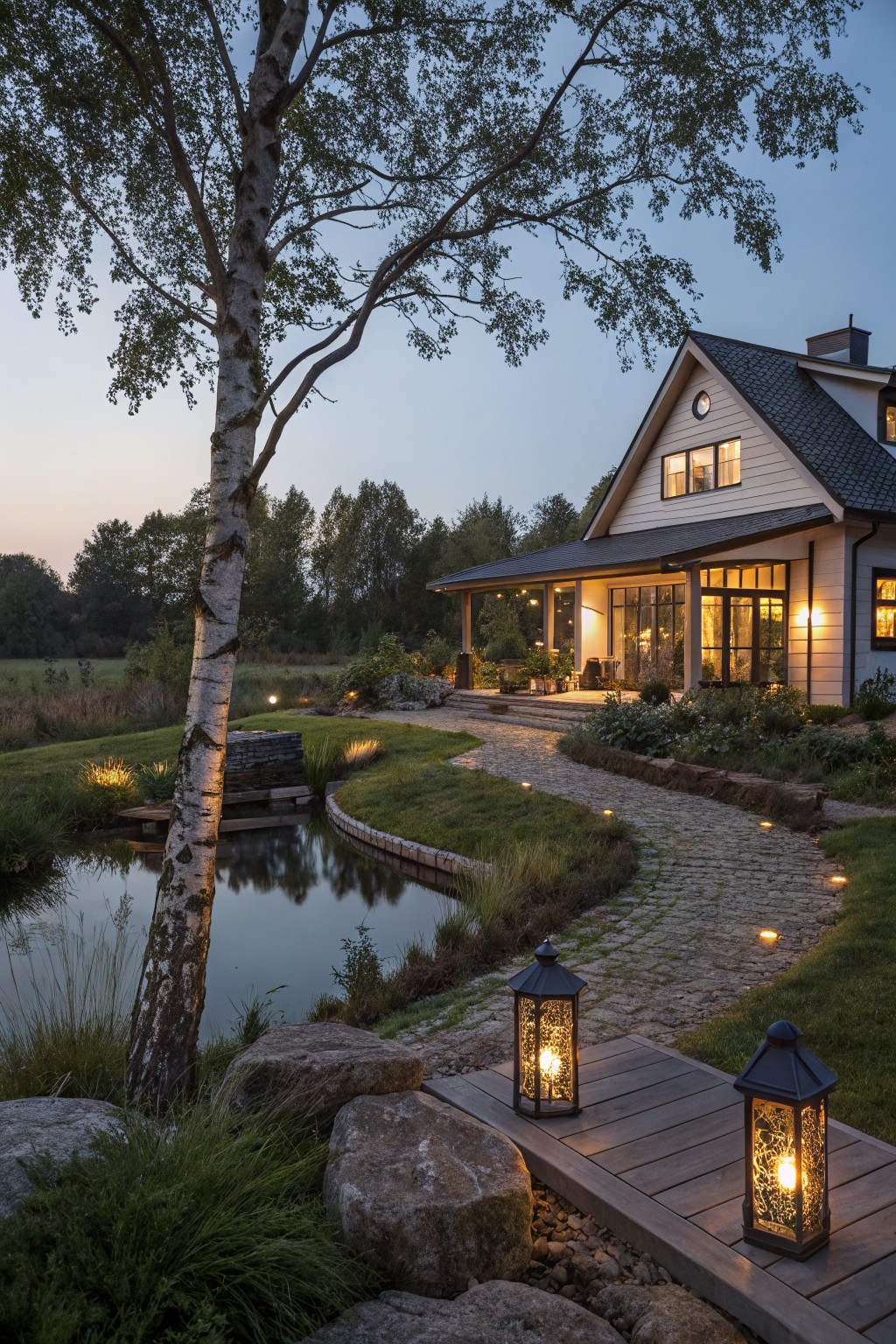 Wooden deck beside a curved pond with two lit black metal lanterns, a lit cobblestone path winding uphill to a modern farmhouse porch, birch tree and landscaping at dusk.