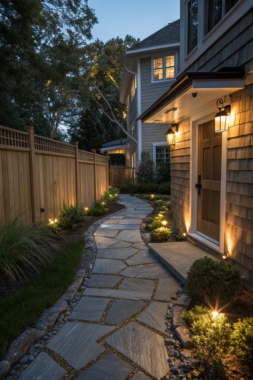 Winding flagstone path with low ground-mounted lights along the edges leading to a wooden door on a gray shingled house wall, bordered by wooden fence, grass, shrubs, and trees at dusk.